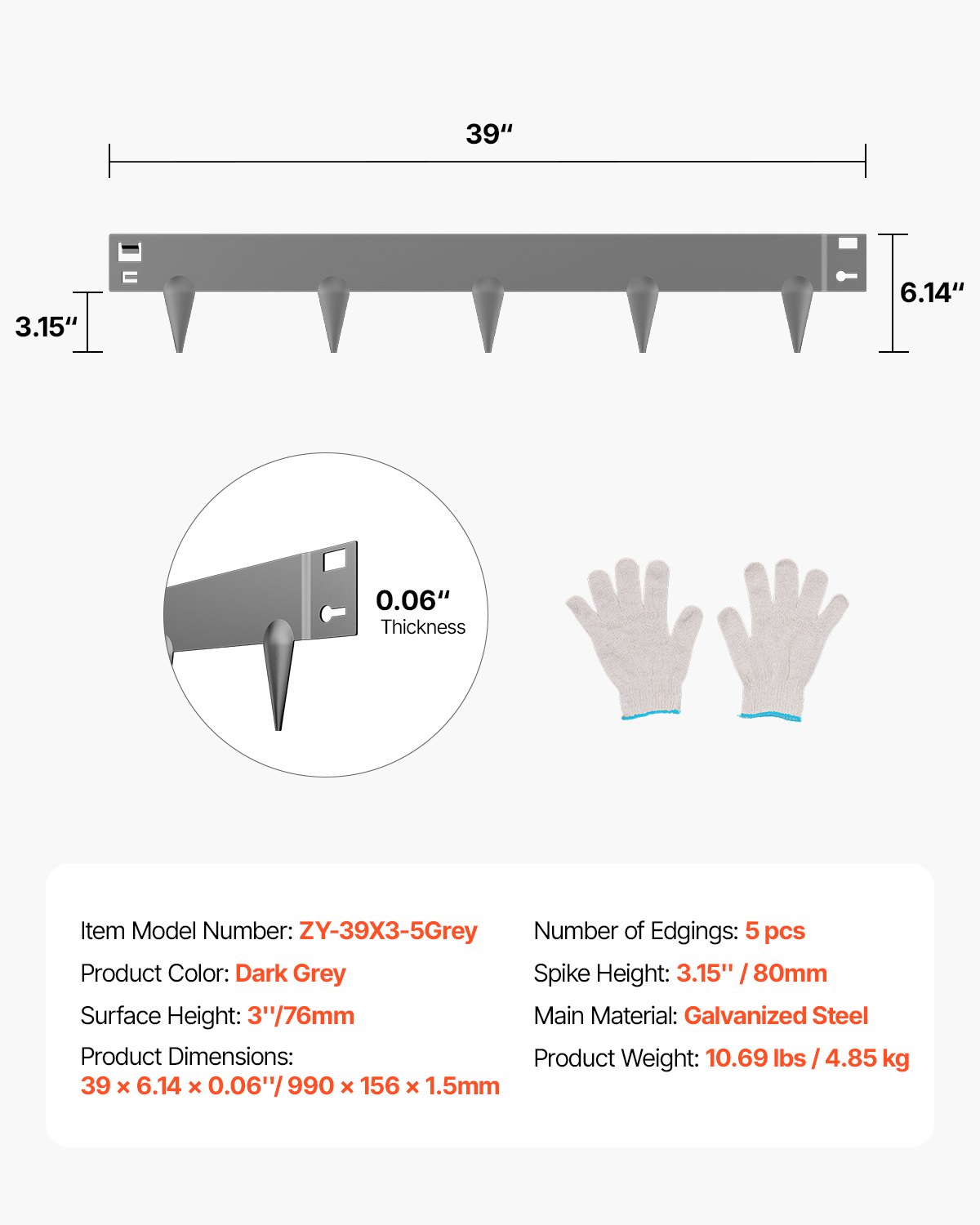 VEVOR Steel Landscape Edging, 5 Packs 39 x 3 in Rust-Resistant Metal Landscape Edging, Bendable Garden Edging Border, Heavy Duty Lawn Edging, Easy-to-Install, Flower Bed Yard Pathway Divider Dark Gray