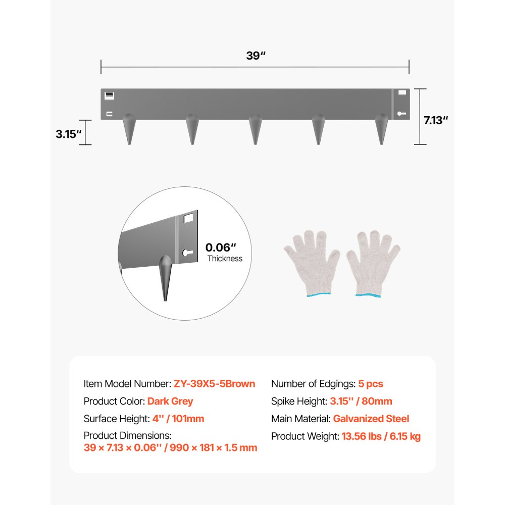 VEVOR Gazonrand 5-pack, Bloembedrand 990x181 mm, Metalen Bloembedrand, Flexibele Bloembedrand, Robuuste Tuinafscheiding, Eenvoudig te installeren, Bloembed-/Tuinpadafscheiding, Donkergrijs