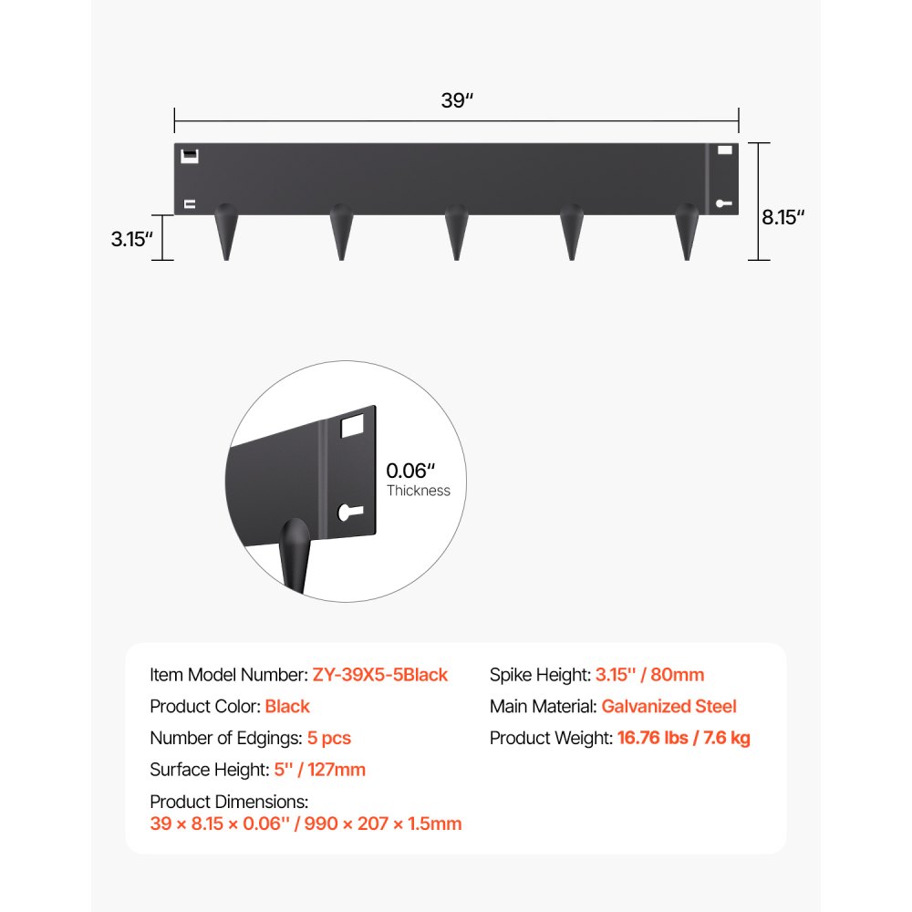 VEVOR Gazonrand, Set van 5, 990x207x1,5 mm, Roestbestendige metalen rand voor bloembedden, borders, gazonranden, eenvoudig te installeren, afscheiding voor bloembedden, tuinpaden