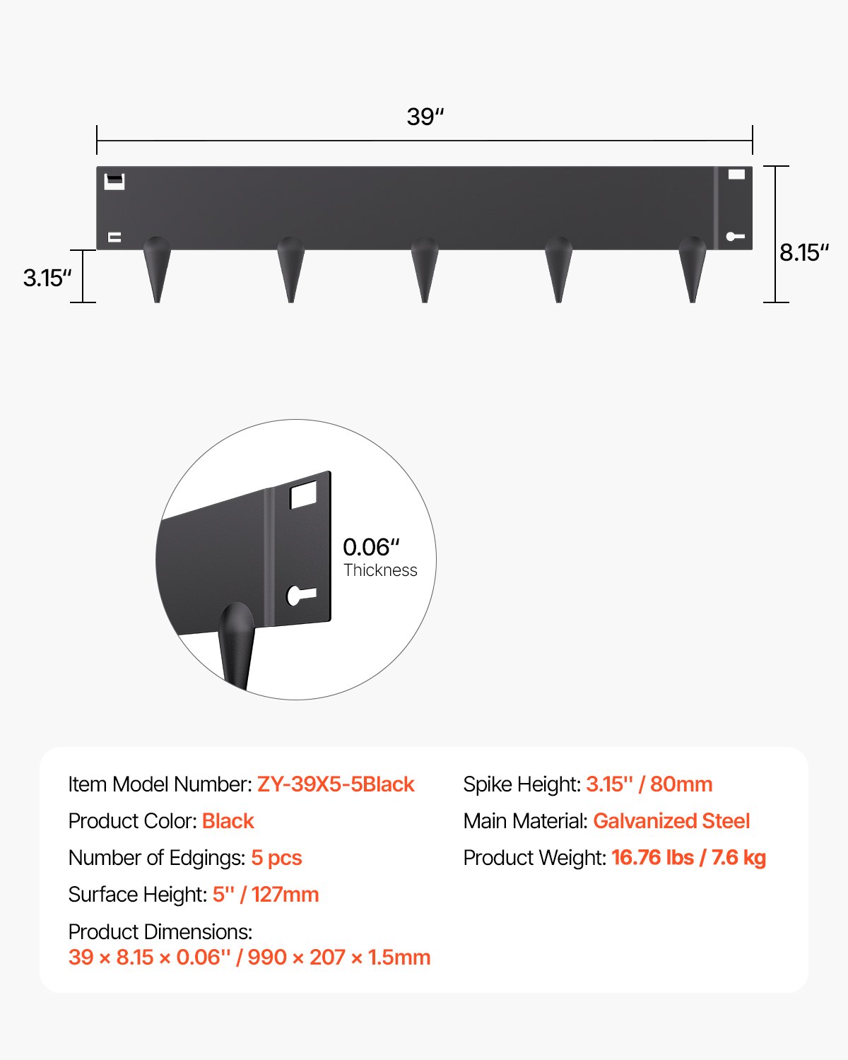 VEVOR Gazonrand, Set van 5, 990x207x1,5 mm, Roestbestendige metalen rand voor bloembedden, borders, gazonranden, eenvoudig te installeren, afscheiding voor bloembedden, tuinpaden
