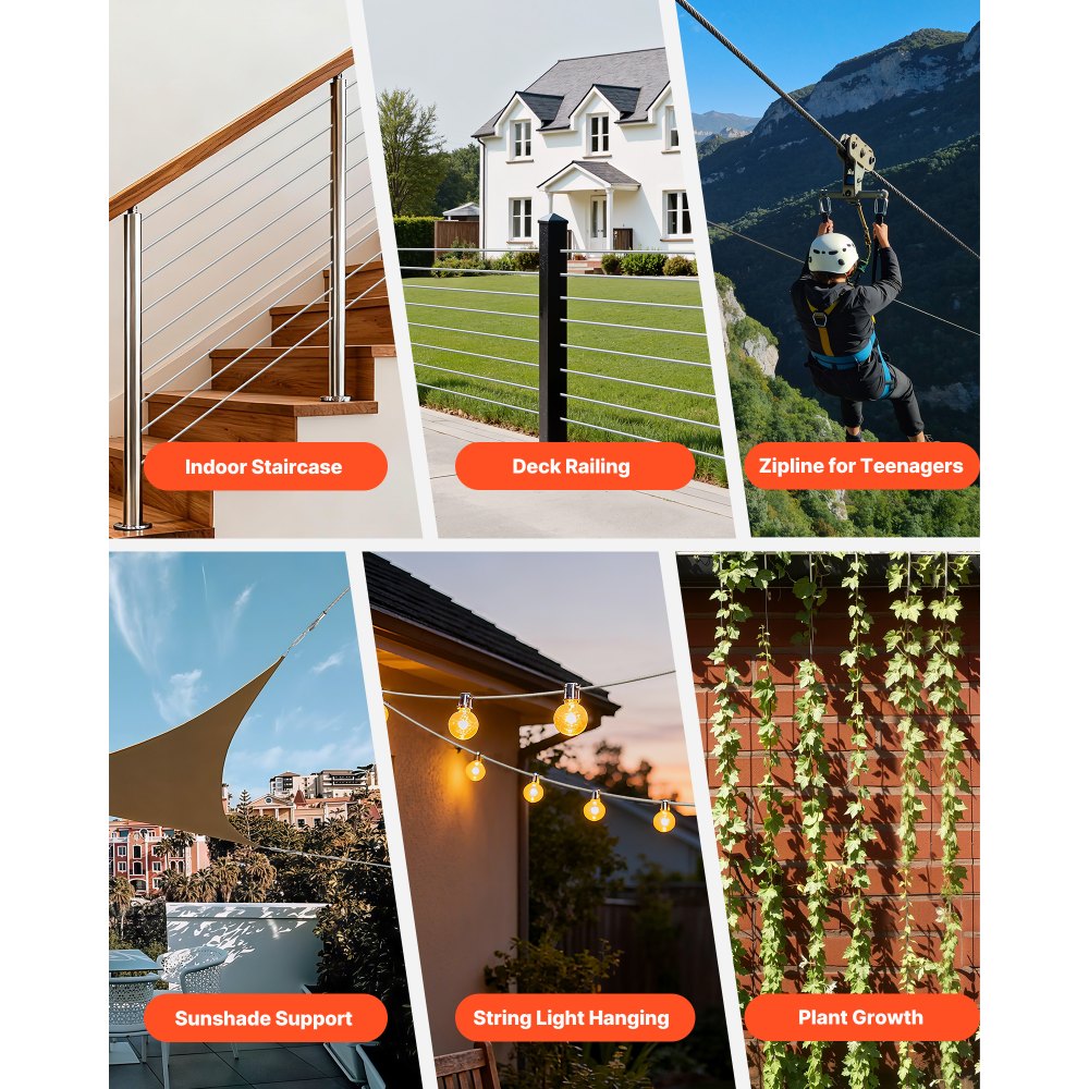 VEVOR 6.35 mm Wire Rope, 76.2 m Length, Zinc Galvanized Carbon Steel Cable with Gloves, 31.1 kN Breaking Strength, 7 x 19 Strands Construction, Wire Cable for Deck Railing System, Garden Trellis