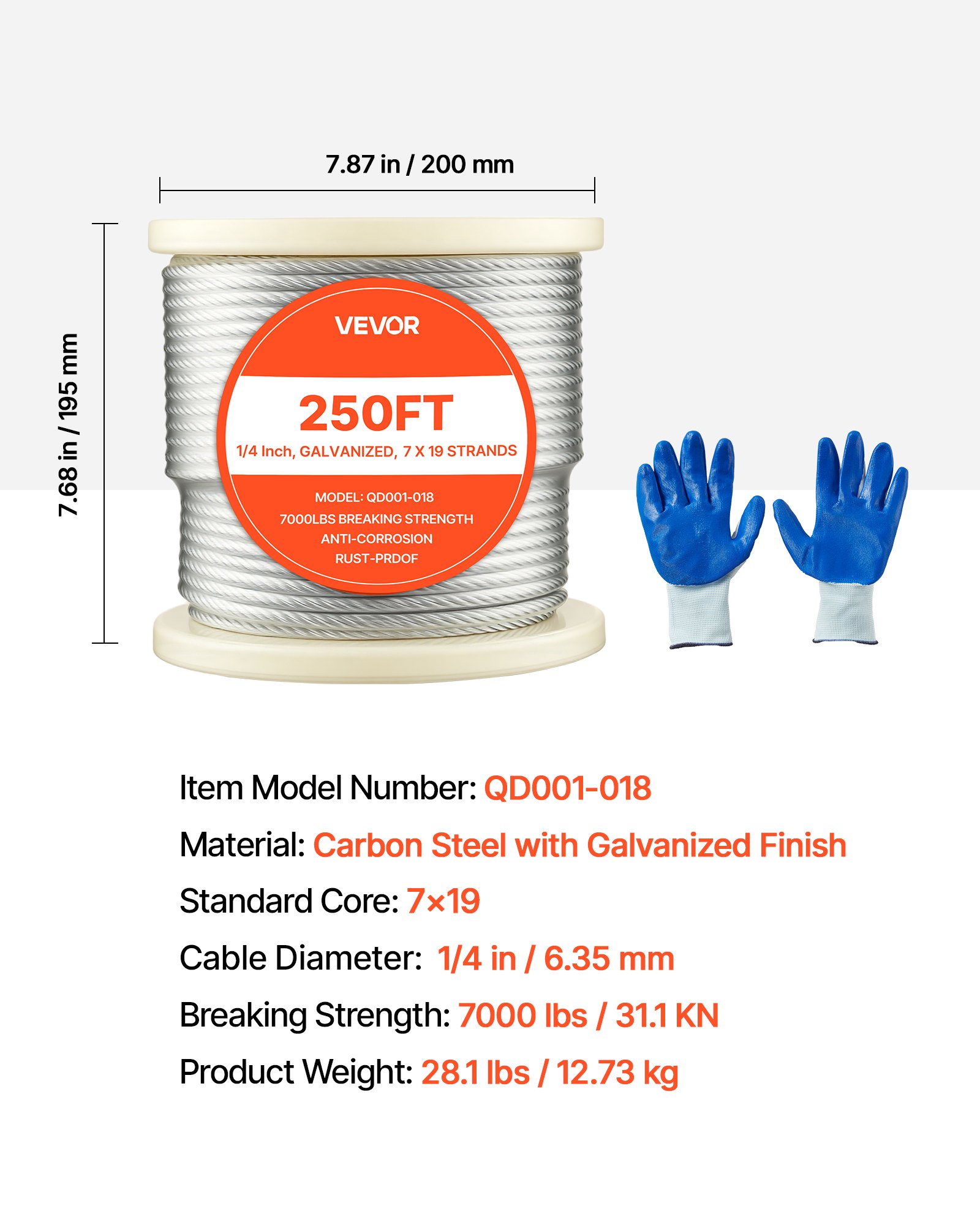 VEVOR 6.35 mm Wire Rope, 76.2 m Length, Zinc Galvanized Carbon Steel Cable with Gloves, 31.1 kN Breaking Strength, 7 x 19 Strands Construction, Wire Cable for Deck Railing System, Garden Trellis