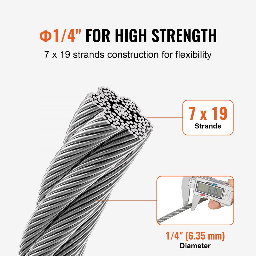 VEVOR Wire Rope, 1/4" 250 ft Zinc Galvanized Carbon Steel Cable with Gloves, 7000 lbs Breaking Strength, 7 x 19 Strands Construction Marine Aircraft Grade for Handrail Stair Decking Fence Outdoors