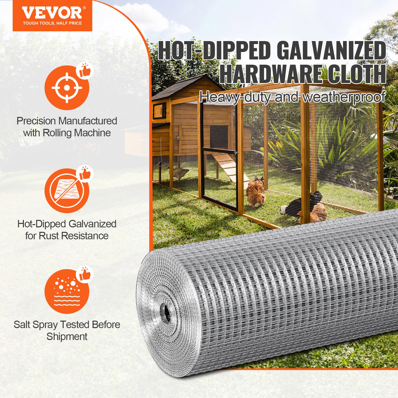VEVOR draadgaas 1220 mm x 15,24 m, volièredraad, 19 gauge, gaashekwerk, thermisch verzinkt draadgaas, rol met een maaswijdte van 12,7 x 12,7 mm, gaashekwerk voor konijnenkooien en kleine knaagdieren.
