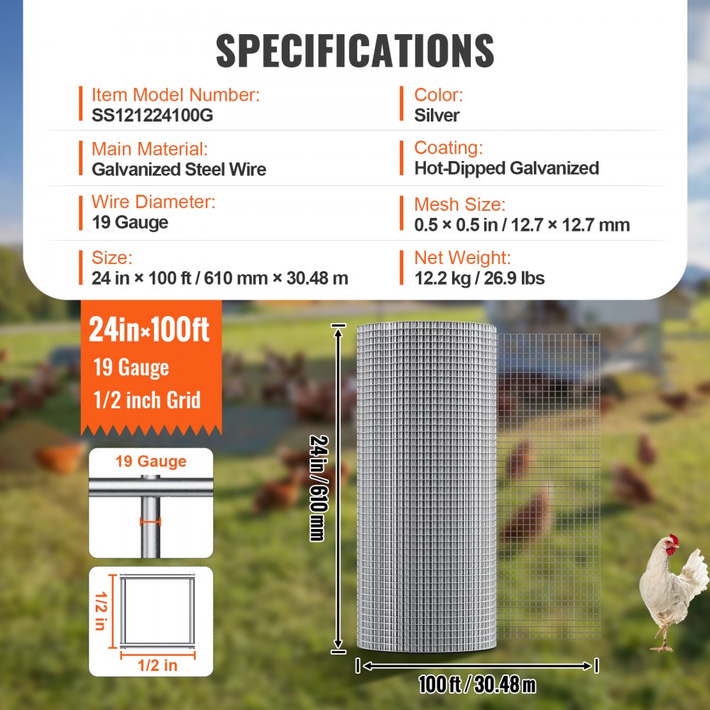 VEVOR Hardware Cloth, 1/2 inch 24in x 100 ft 19 Gauge, Hot Dipped Galvanized Wire Mesh Roll, Chicken Wire Fencing, Wire Mesh for Rabbit Cages, Garden, Small Rodents