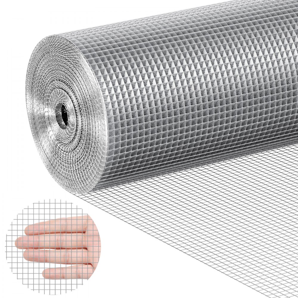 roll of durable VEVOR hardware cloth with a close-up of mesh grid alongside a human hand for scale.