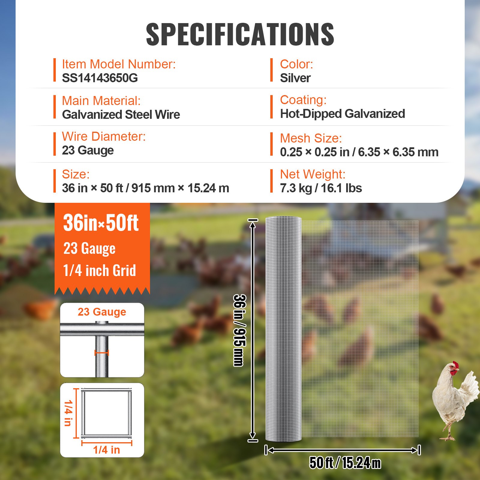 VEVOR Hardware Cloth, 1/4 inch 36in x 50 ft 23 Gauge, Hot Dipped Galvanized Wire Mesh Roll, Chicken Wire Fencing, Wire Mesh for Rabbit Cages, Garden, Small Rodents