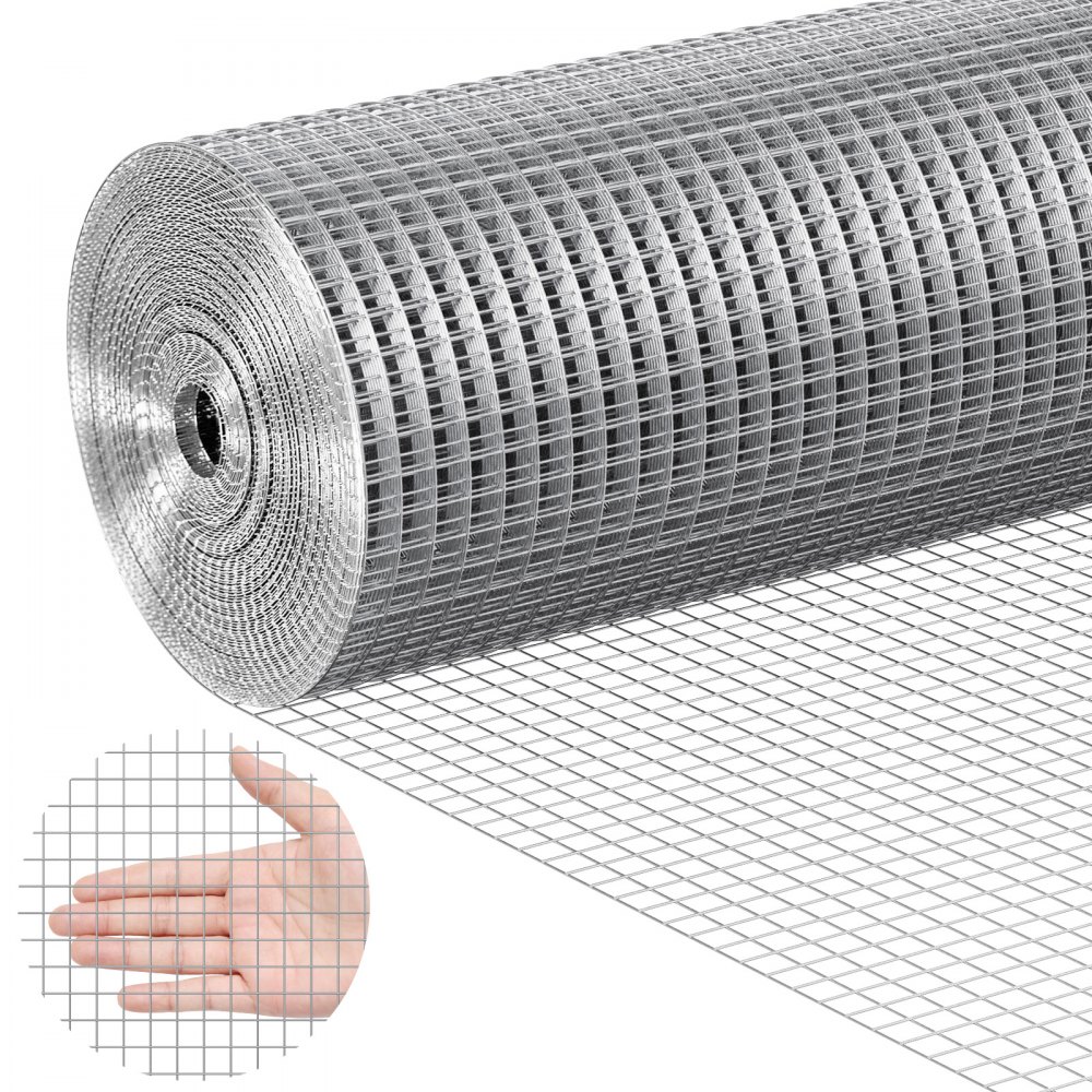 VEVOR hardware cloth roll with close-up grid detail and a hand showing mesh size.