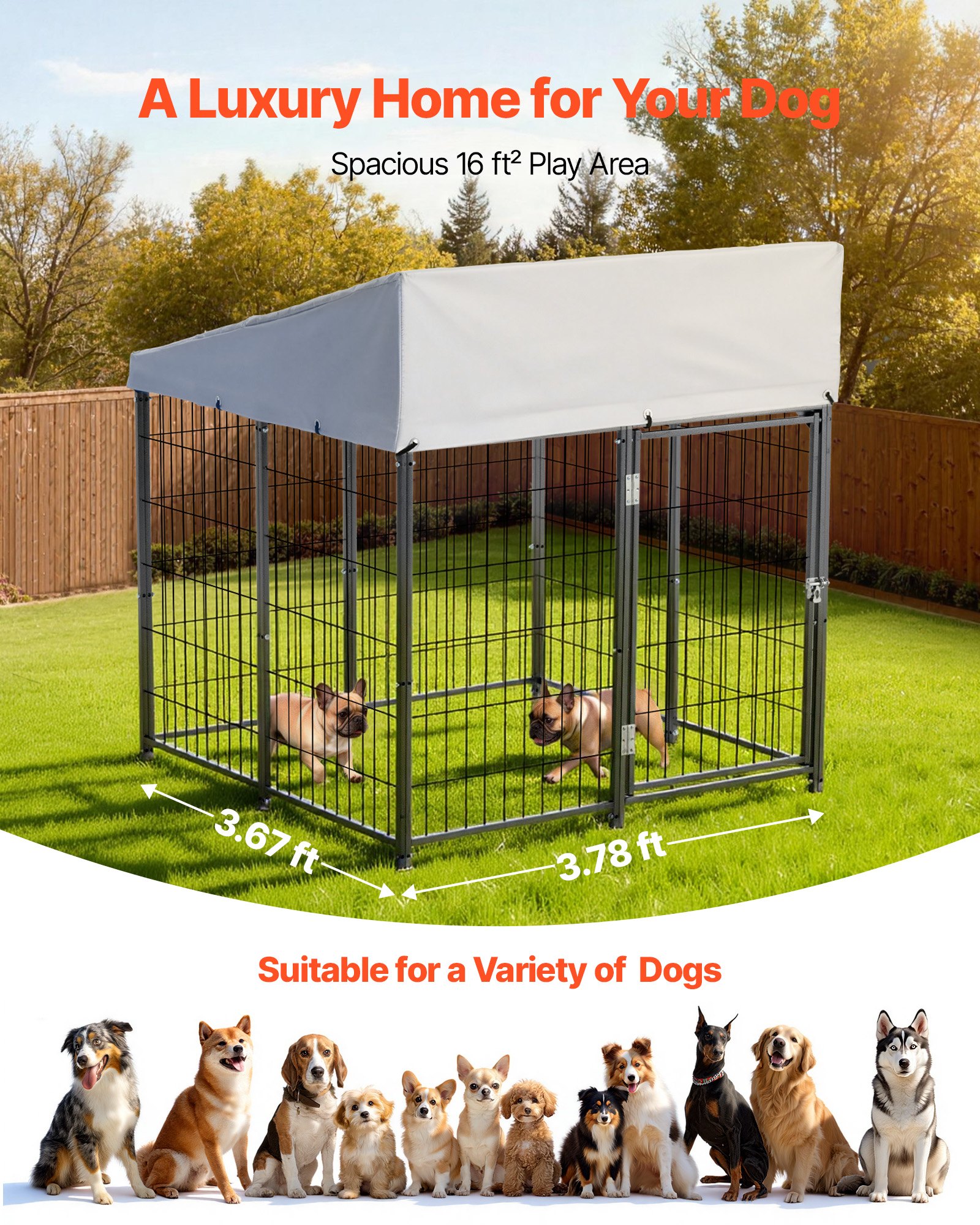 VEVOR Hondenren, 1,12 x 1,15 x 1,25 m, Hondenhok met veiligheidsslot, Buitenhondenhok met UV-bestendige en waterdichte dakbedekking, Robuuste hondenren/verblijf voor grote honden