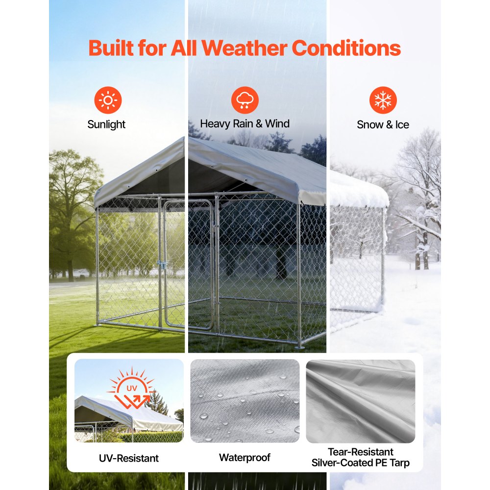 VEVOR Outdoor Dog Kennel, 2 x 2 x 1.6 m Large Dog Kennel with Secure Lock, Outside Dogs Enclosures with UV-Resistant & Waterproof Roof Cover, Heavy Duty Pet Crate Cage Run for Large Dogs
