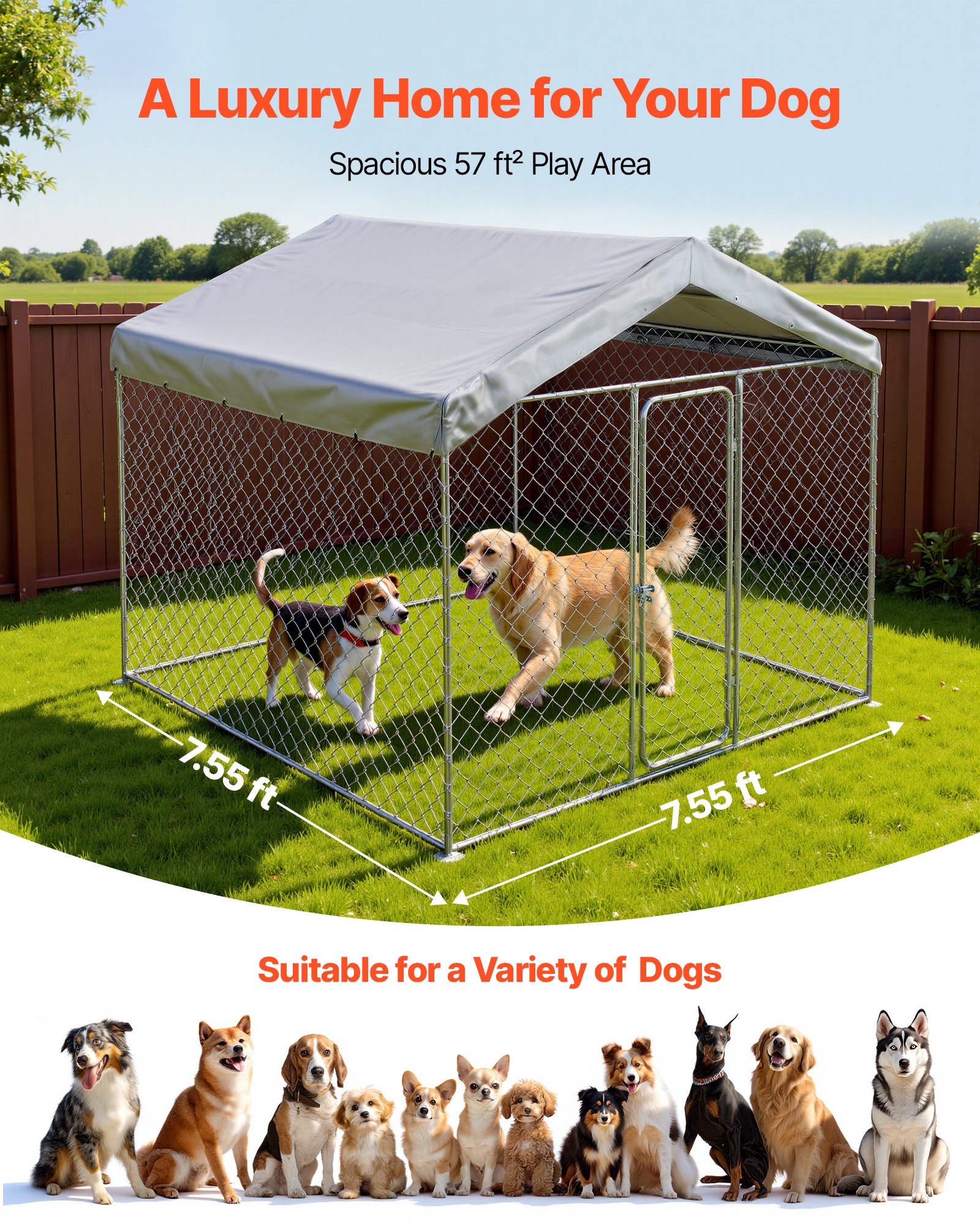 VEVOR Hondenren, 2,3 x 2,3 x 2,15 m, Hondenhok met veiligheidsslot, Buitenhondenhok met UV-bestendige en waterdichte dakbedekking, Robuuste hondenren/uitloop voor grote honden