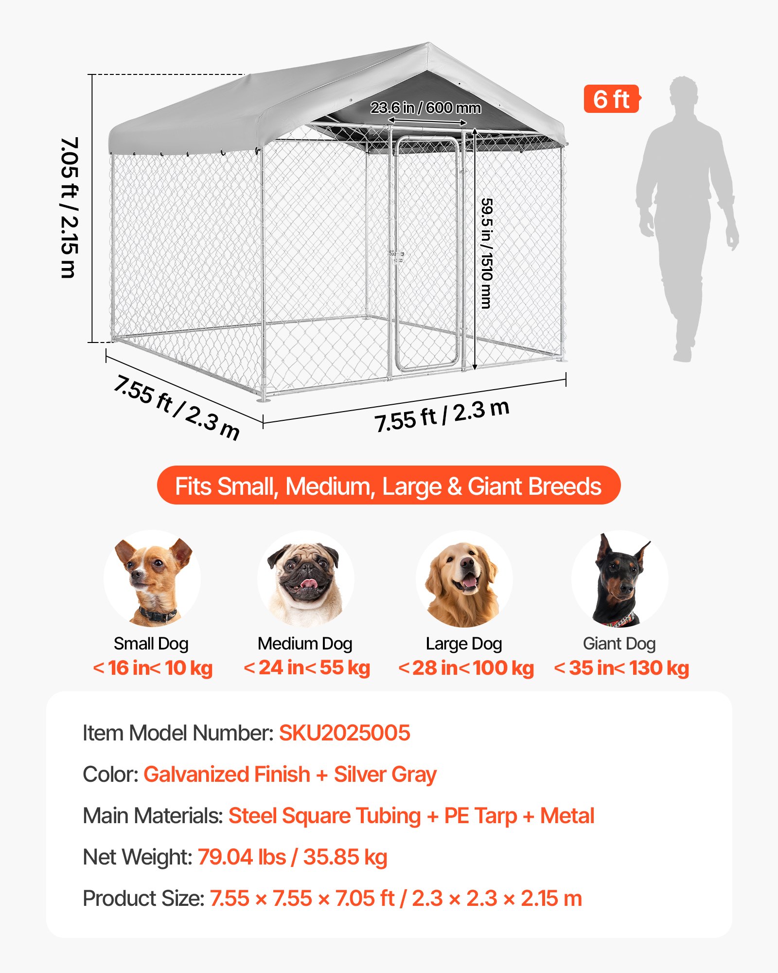VEVOR Hondenren, 2,3 x 2,3 x 2,15 m, Hondenhok met veiligheidsslot, Buitenhondenhok met UV-bestendige en waterdichte dakbedekking, Robuuste hondenren/uitloop voor grote honden