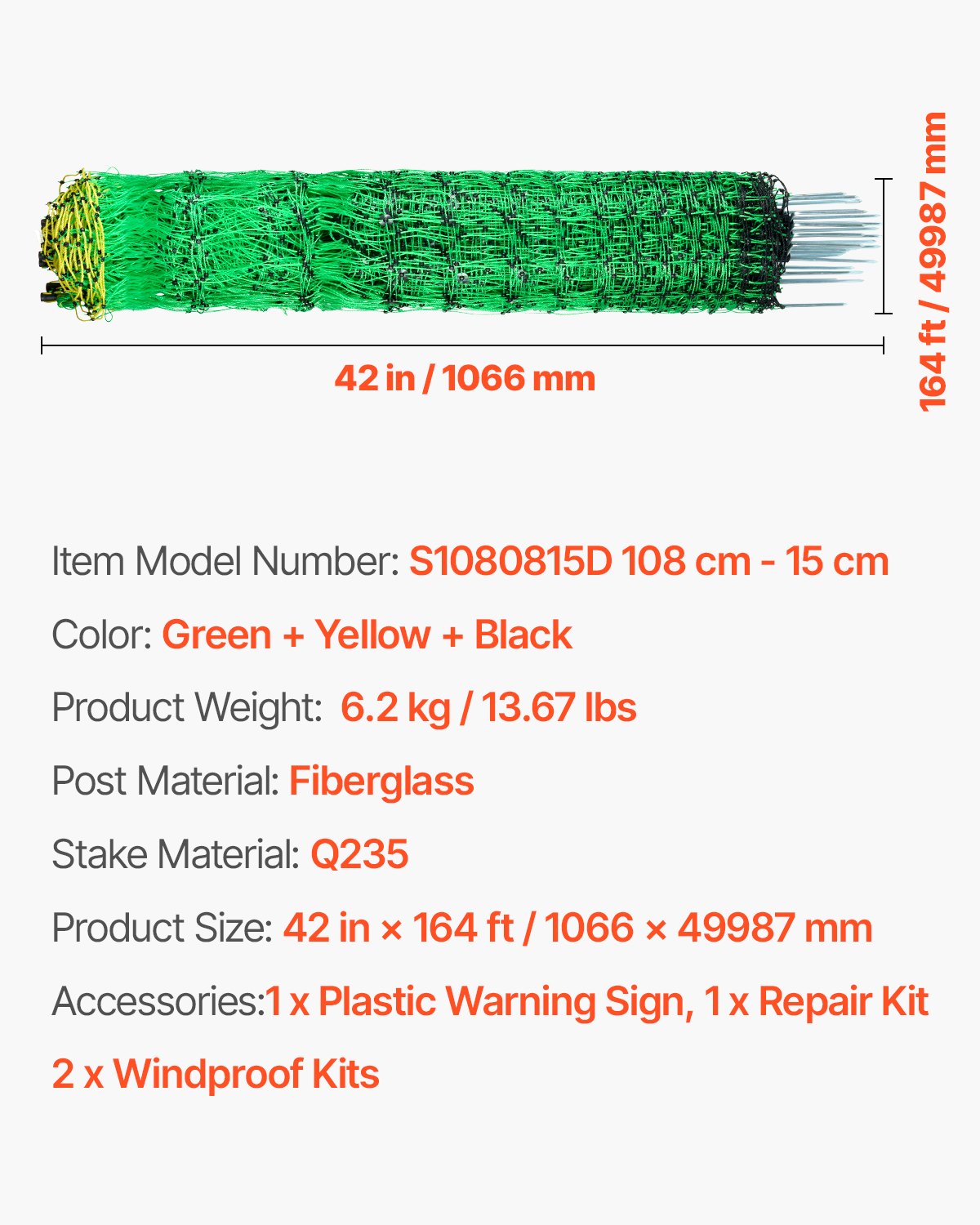 VEVOR Electric Fence Netting, 42 in (H) x 164 ft (L), PE Net Fencing with Posts & Double-Spiked Stakes, Utility Portable Electric Fence for Pigs, Cows, Sheep, Deer, Used in Backyards, Farms, Ranches