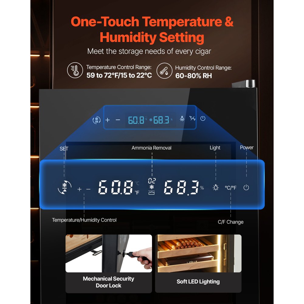 VEVOR Electric Humidor, 70L, 400 Counts Electric Cigar Humidor Cabinet with Compressor Cooling, Constant Humidity & Temperature Control, Spanish Cedar Wood Shelves & Drawers, 4 Layers, for Household