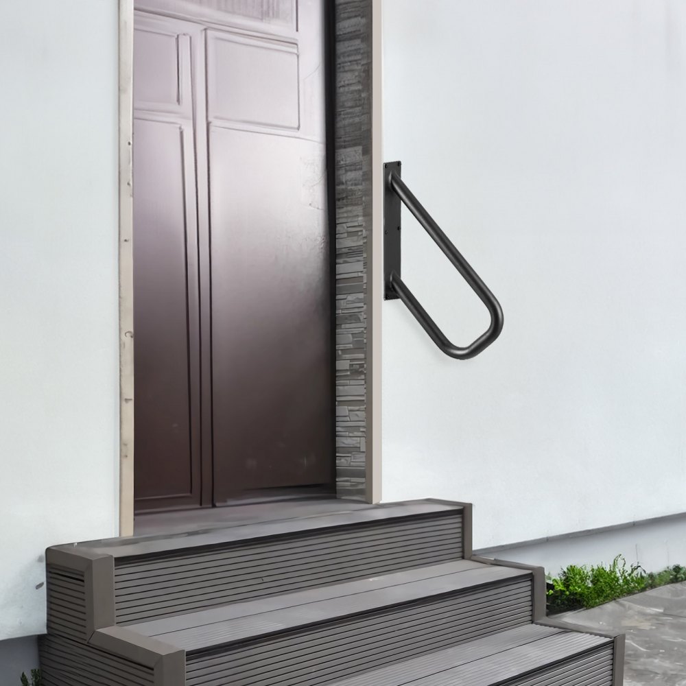VEVOR Buitentrapleuningen, 48 cm lang, 3,3 cm buis, aan de muur te bevestigen veiligheidsleuning voor 1-2 treden, trapleuning met matte zwarte afwerking, voor tuin, erf en garage, en voor senioren, zwangere vrouwen en mensen met een beperking
