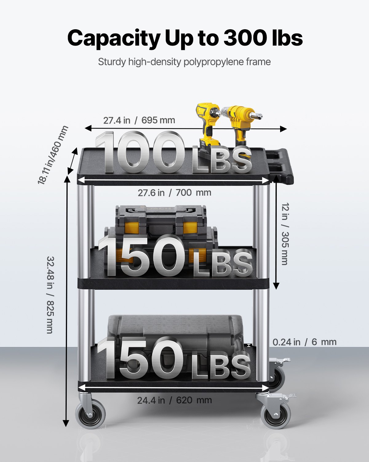 VEVOR Gereedschapswagen, draagvermogen 136 kg, werkplaatswagen, multifunctionele kunststof wagen met drie planken en 360° zwenkwielen (waarvan 2 met rem), geschikt voor magazijn, garage, schoonmaak, 695 x 460 x 825 mm