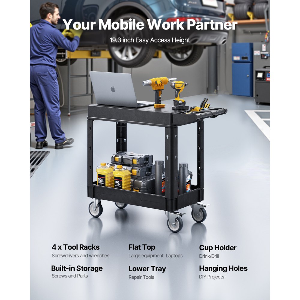 VEVOR Utility Cart, 550 lbs Load Capacity, 31.3 x 17.7-inch Service Cart, Two-Shelf Heavy Duty Plastic Utility Cart with 360° Swivel Wheels (2 with Brakes), Suitable for Warehouse, Garage, Cleaning