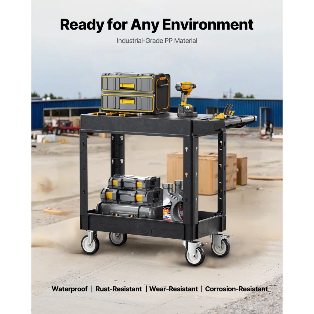 VEVOR Utility Cart, 550 lbs Load Capacity, 31.3 x 17.7-inch Service Cart, Two-Shelf Heavy Duty Plastic Utility Cart with 360° Swivel Wheels (2 with Brakes), Suitable for Warehouse, Garage, Cleaning