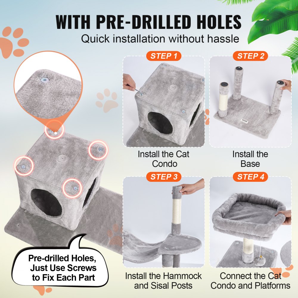 VEVOR Cat Tree for Indoor Cats, 56.2" Cat Tower with Cat Condo, Sisal Scratching Post, Hammock, Top Perch, Jumping Platforms, Large Cat House with Hang Ball, Cat Furniture Activity Center, Light Grey