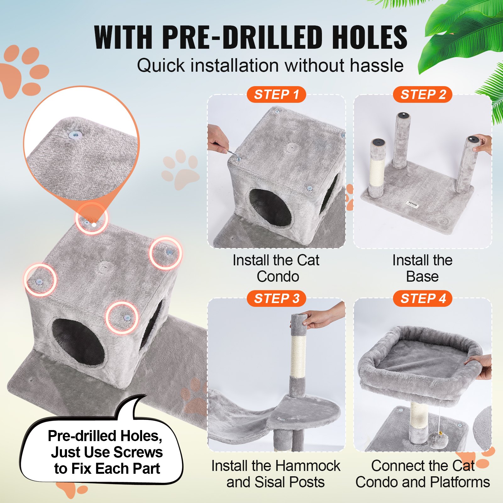 VEVOR Cat Tree for Indoor Cats, 56.2" Cat Tower with Cat Condo, Sisal Scratching Post, Hammock, Top Perch, Jumping Platforms, Large Cat House with Hang Ball, Cat Furniture Activity Center, Light Grey