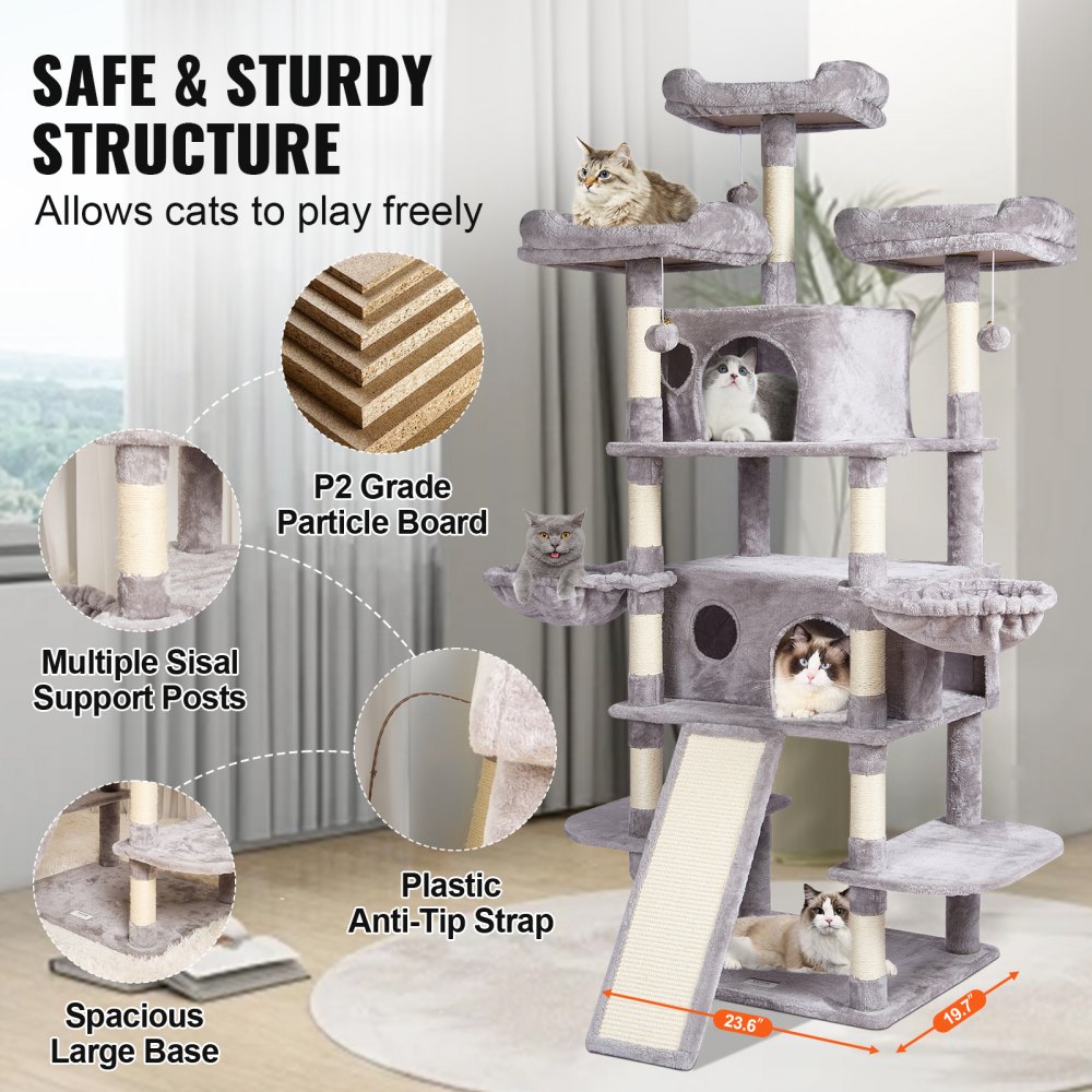 VEVOR Cat Tree for Indoor Cats, 68.5" Cat Tower with 2 Cat Condos, Sisal Scratching Post, Hammocks, Top Perches, Jumping Platforms and Ramp, Cat Furniture Activity Center with Hang Balls, Light Grey