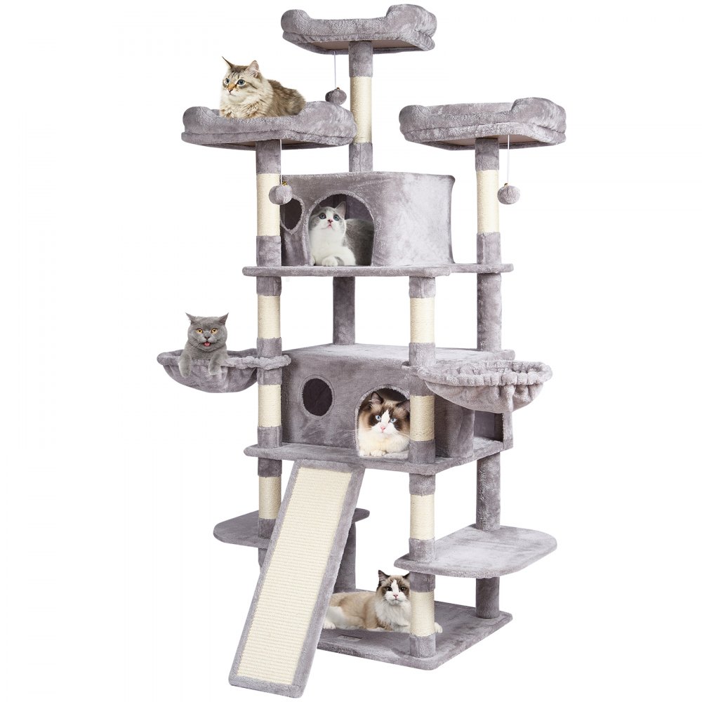 VEVOR Cat Tree for Indoor Cats, 68.5" Cat Tower with 2 Cat Condos, Sisal Scratching Post, Hammocks, Top Perches, Jumping Platforms and Ramp, Cat Furniture Activity Center with Hang Balls, Light Grey