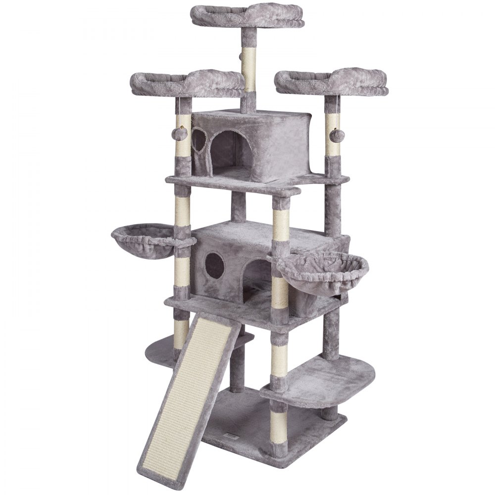 VEVOR Cat Tree for Indoor Cats, 68.5" Cat Tower with 2 Cat Condos, Sisal Scratching Post, Hammocks, Top Perches, Jumping Platforms and Ramp, Cat Furniture Activity Center with Hang Balls, Light Grey