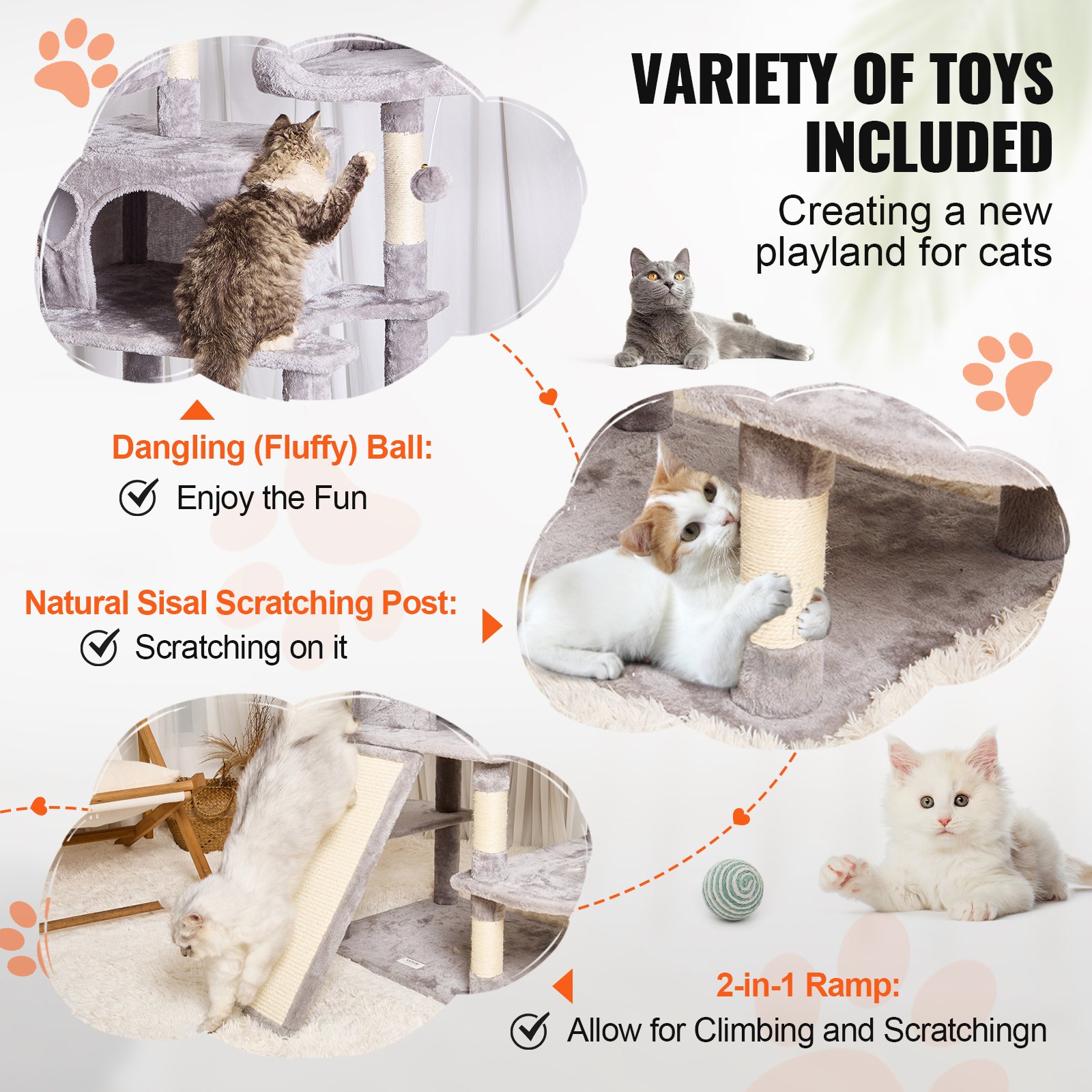 VEVOR Cat Tree for Indoor Cats, 68.5" Cat Tower with 2 Cat Condos, Sisal Scratching Post, Hammocks, Top Perches, Jumping Platforms and Ramp, Cat Furniture Activity Center with Hang Balls, Light Grey