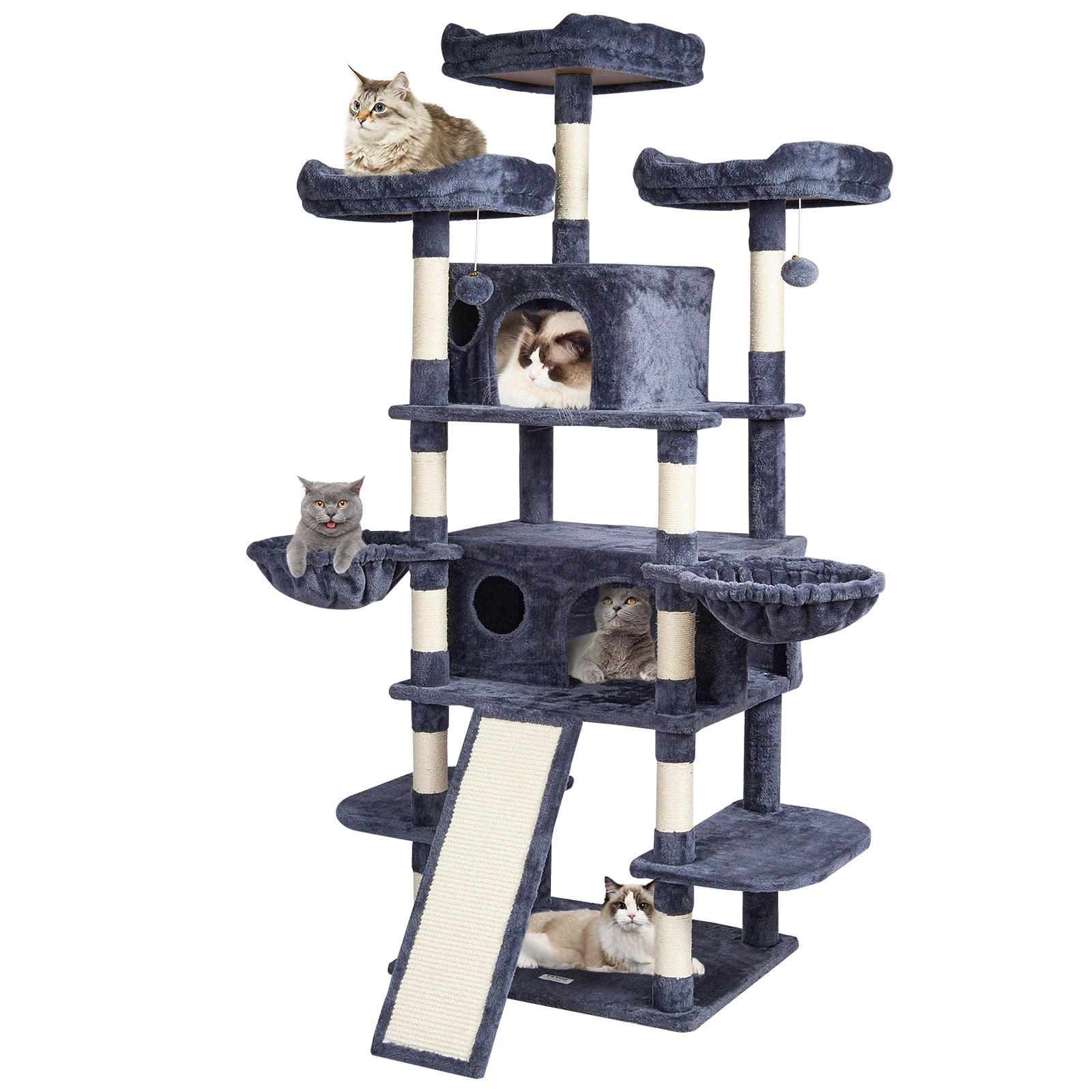 VEVOR Cat Tree for Indoor Cats, 68.5" Cat Tower with 2 Cat Condos, Sisal Scratching Post, Hammocks, Top Perches, Jumping Platforms and Ramp, Cat Furniture Activity Center with Hang Balls, Dark Grey