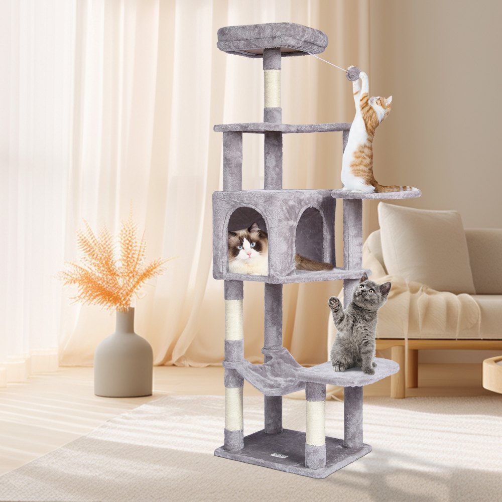 VEVOR Kattenboom voor Binnenkatten, 153 cm Kattentoren met Kattenhuis, Sisal Krabpaal, Hangmat, Bovenzitstok, Springplatforms, Groot Kattenmeubel Activiteitencentrum met Hangende Bal, Lichtgrijs