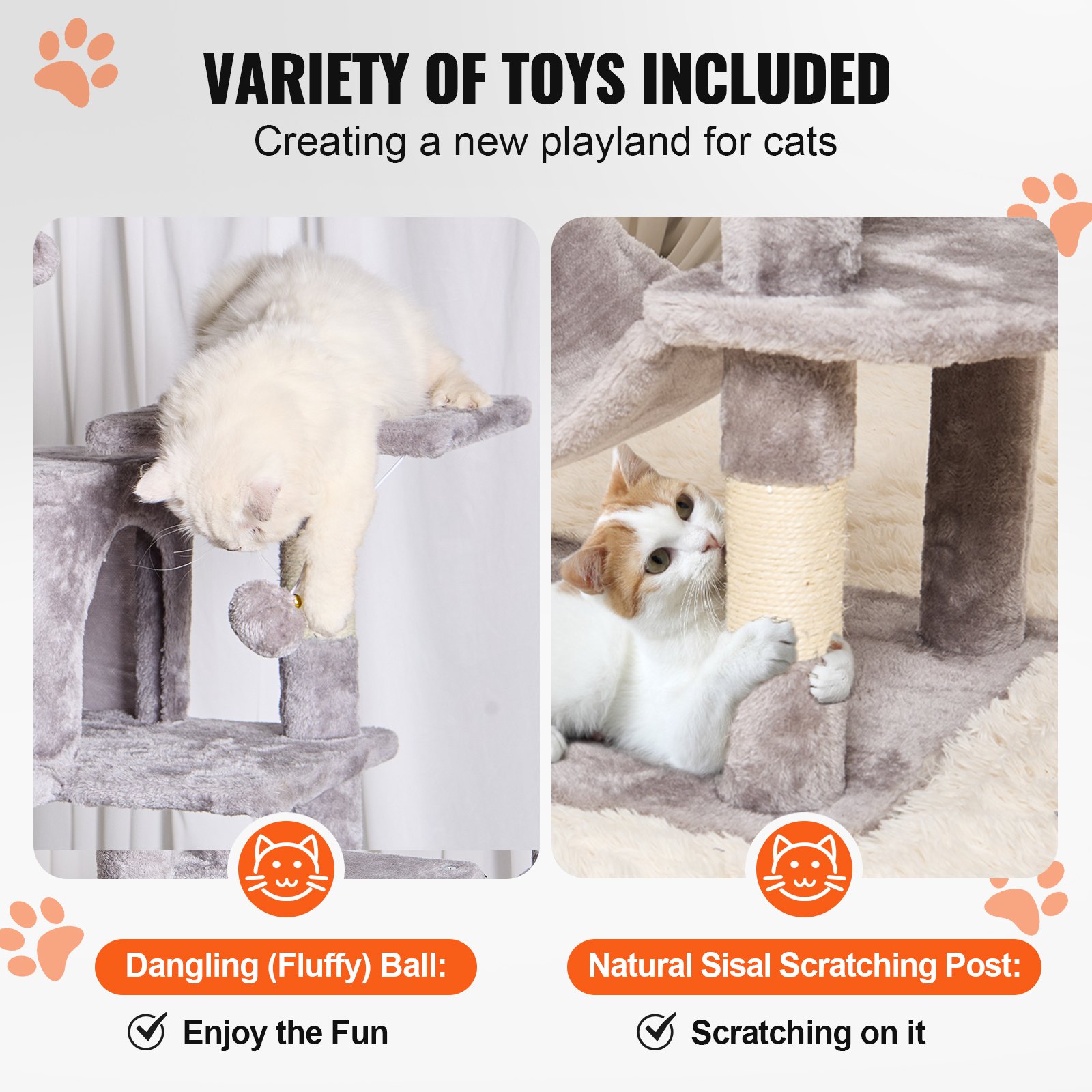 VEVOR Kattenboom voor binnenkatten, 160 cm kattentoren met 2 kattenhuizen, sisal krabpaal, hangmat, zitstok, springplatforms, groot kattenmeubel, activiteitencentrum met hangende bal, lichtgrijs