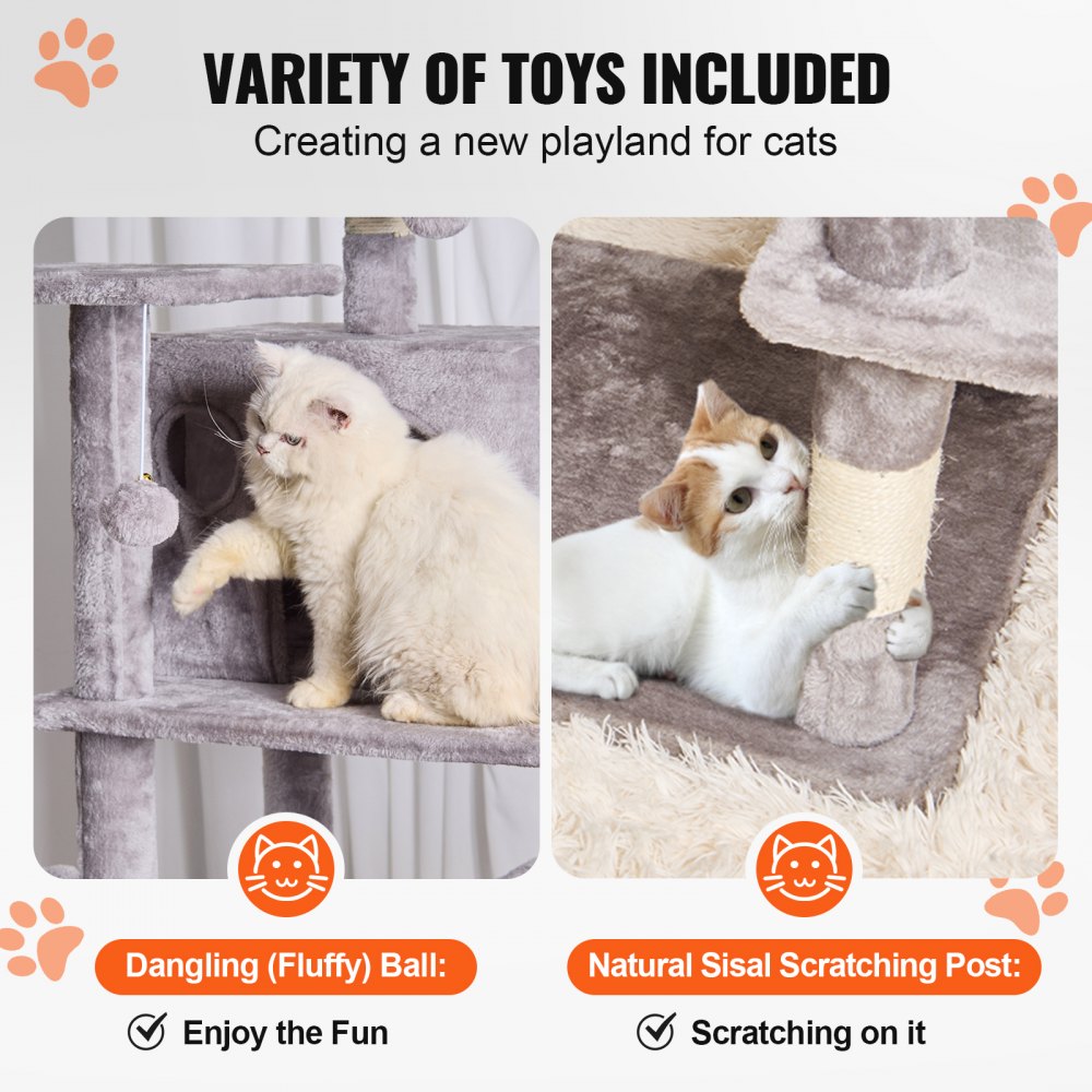 VEVOR Kattenboom voor binnenkatten, 173,5 cm kattentoren met 2 kattenhuizen, sisal krabpaal, hangmat, zitstok bovenaan, springplatforms, groot kattenmeubel, activiteitencentrum met hangende bal, lichtgrijs