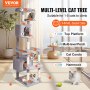 VEVOR Cat Tree for Indoor Cats, 72" Cat Tower with 2 Cat Condos, Sisal Scratching Post, Hammock, Top Perch, Jumping Platforms, Large Cat Furniture Activity Center with Hang Ball, Light Grey