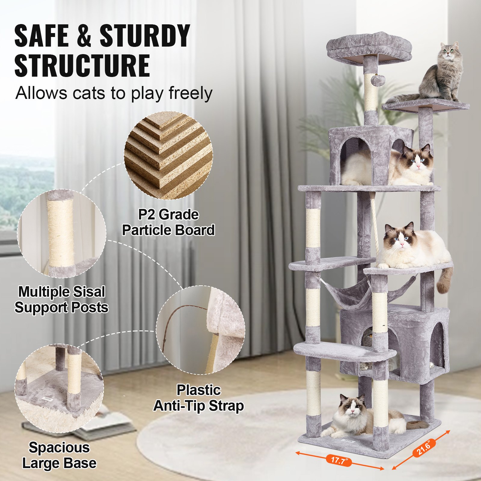 VEVOR Cat Tree for Indoor Cats, 72" Cat Tower with 2 Cat Condos, Sisal Scratching Post, Hammock, Top Perch, Jumping Platforms, Large Cat Furniture Activity Center with Hang Ball, Light Grey