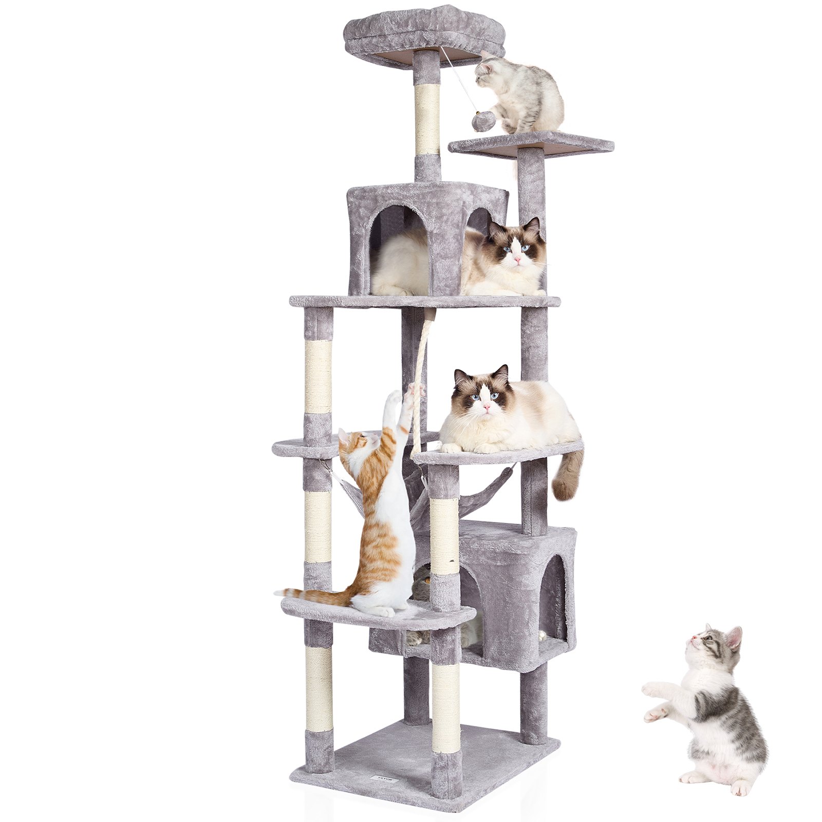 VEVOR Cat Tree for Indoor Cats, 72" Cat Tower with 2 Cat Condos, Sisal Scratching Post, Hammock, Top Perch, Jumping Platforms, Large Cat Furniture Activity Center with Hang Ball, Light Grey
