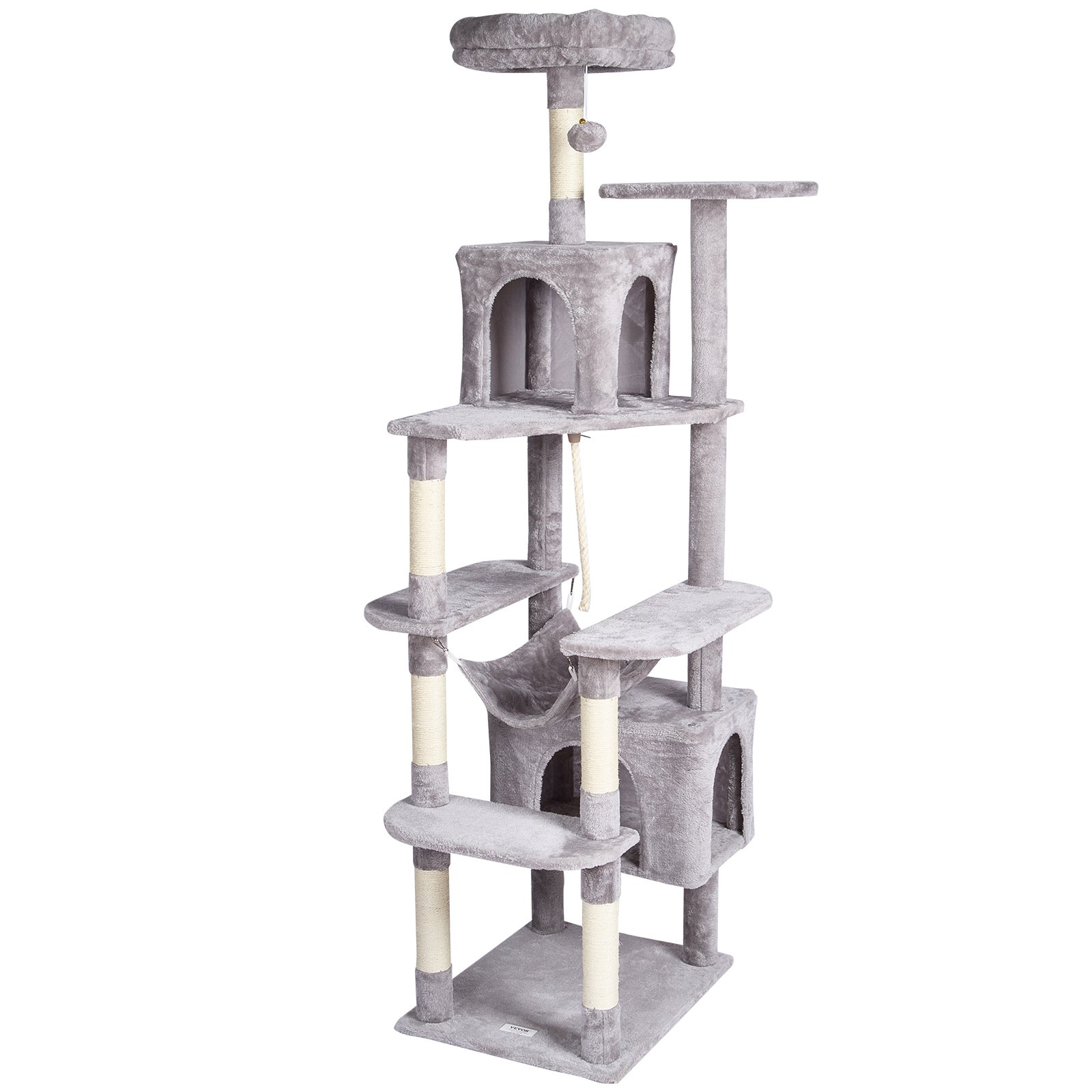 VEVOR Cat Tree for Indoor Cats, 72" Cat Tower with 2 Cat Condos, Sisal Scratching Post, Hammock, Top Perch, Jumping Platforms, Large Cat Furniture Activity Center with Hang Ball, Light Grey