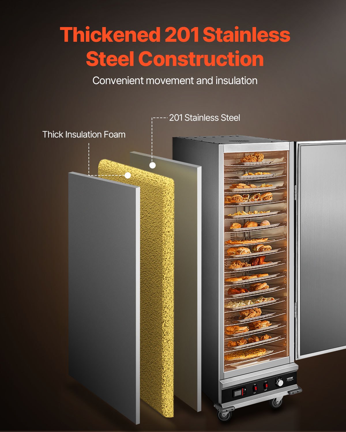 VEVOR Hot Box Voedselverwarmer Snackverwarmer met 16 niveaus & Waterbak & Enkele deur & Verstelbare planken, Voedselverwarmer van roestvrij staal, Ideaal voor het bewaren van pizzakip