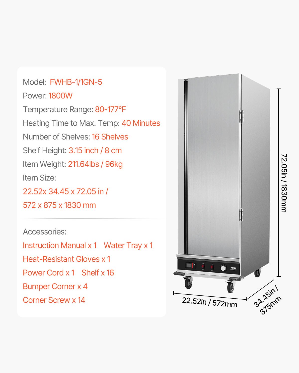 VEVOR Hot Box Voedselverwarmer Snackverwarmer met 16 niveaus & Waterbak & Enkele deur & Verstelbare planken, Voedselverwarmer van roestvrij staal, Ideaal voor het bewaren van pizzakip