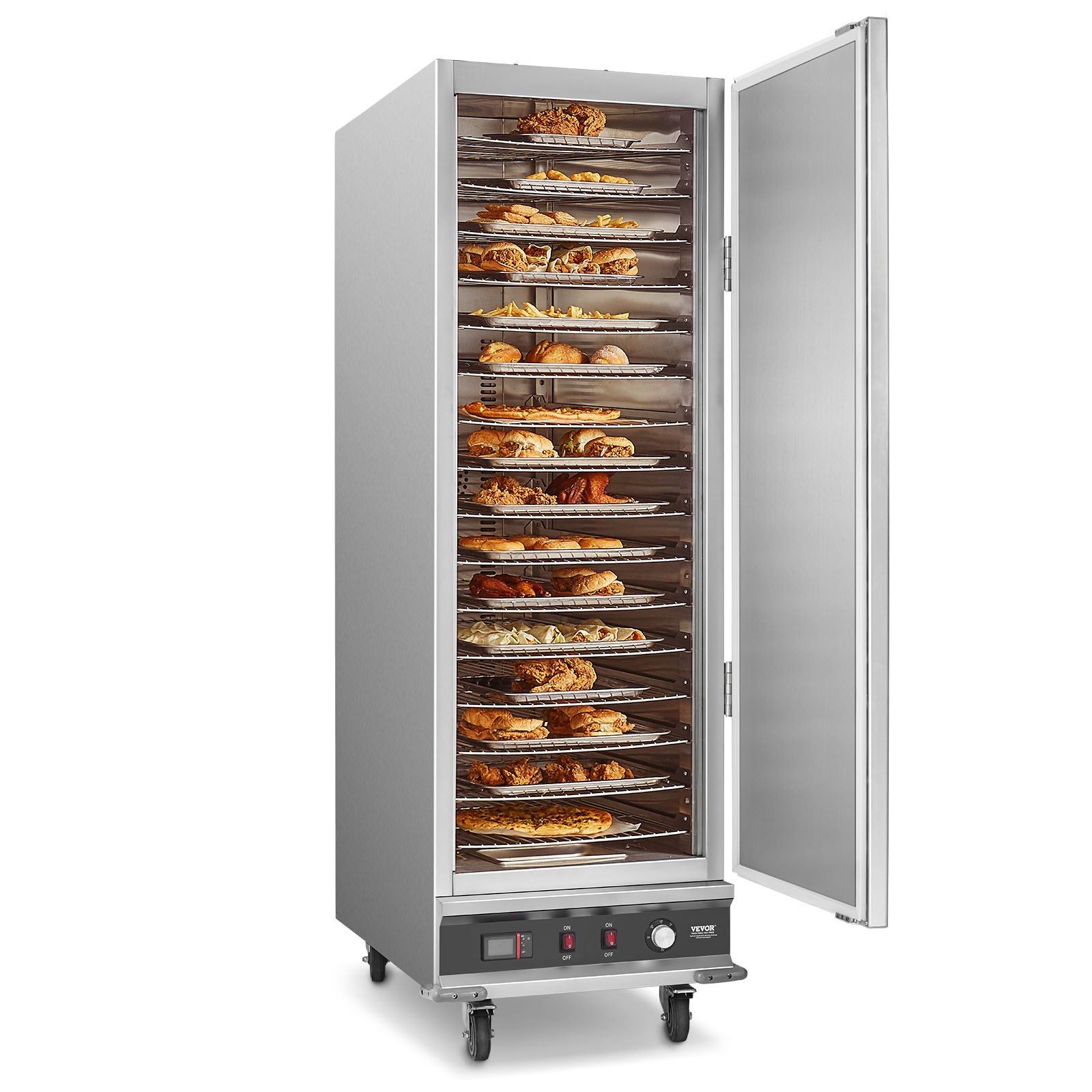 VEVOR Hot Box Voedselverwarmer Snackverwarmer met 16 niveaus & Waterbak & Enkele deur & Verstelbare planken, Voedselverwarmer van roestvrij staal, Ideaal voor het bewaren van pizzakip