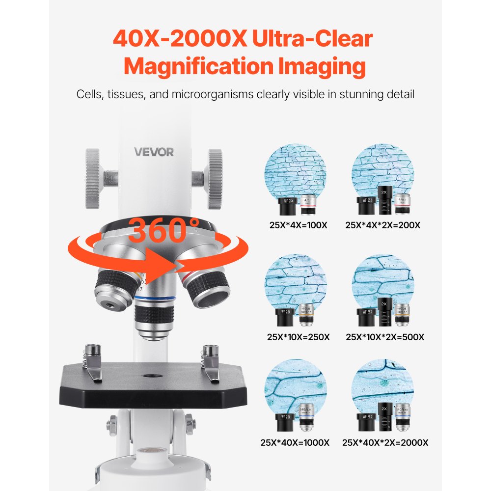 VEVOR Monoculaire microscoop voor volwassenen, professionele set samengestelde microscopen, 40x-2000 vergroting, behuizing van aluminiumlegering, inclusief ledlamp en telefoonhouder, voor laboratorium, school, thuis en onderwijs