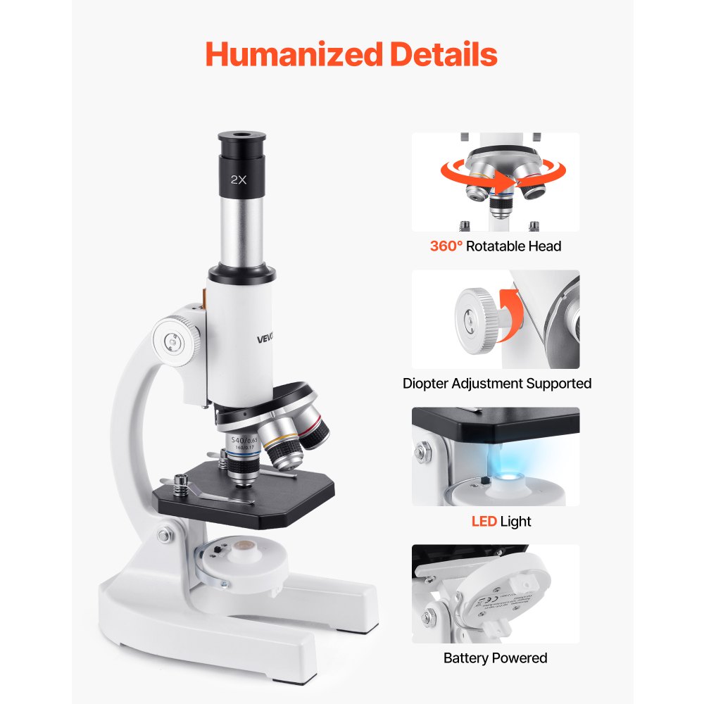 VEVOR Monoculaire microscoop voor volwassenen, professionele set samengestelde microscopen, 40x-2000 vergroting, behuizing van aluminiumlegering, inclusief ledlamp en telefoonhouder, voor laboratorium, school, thuis en onderwijs