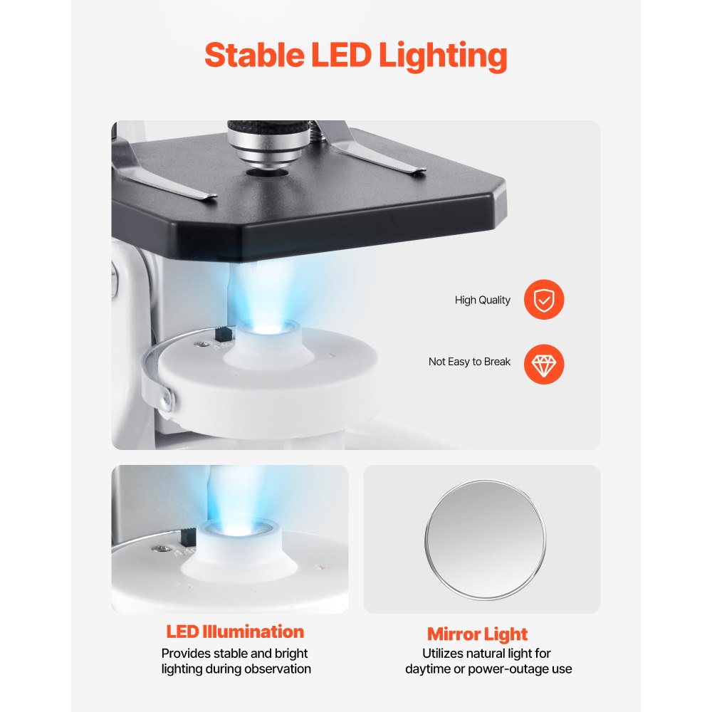 VEVOR Monoculaire microscoop voor volwassenen, professionele set samengestelde microscopen, 40x-2000 vergroting, behuizing van aluminiumlegering, inclusief ledlamp en telefoonhouder, voor laboratorium, school, thuis en onderwijs