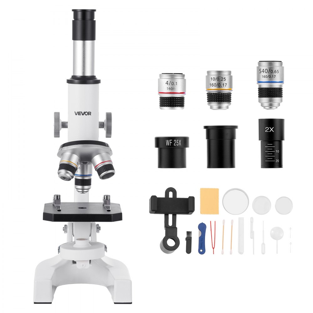 VEVOR Monoculaire microscoop voor volwassenen, professionele set samengestelde microscopen, 40x-2000 vergroting, behuizing van aluminiumlegering, inclusief ledlamp en telefoonhouder, voor laboratorium, school, thuis en onderwijs