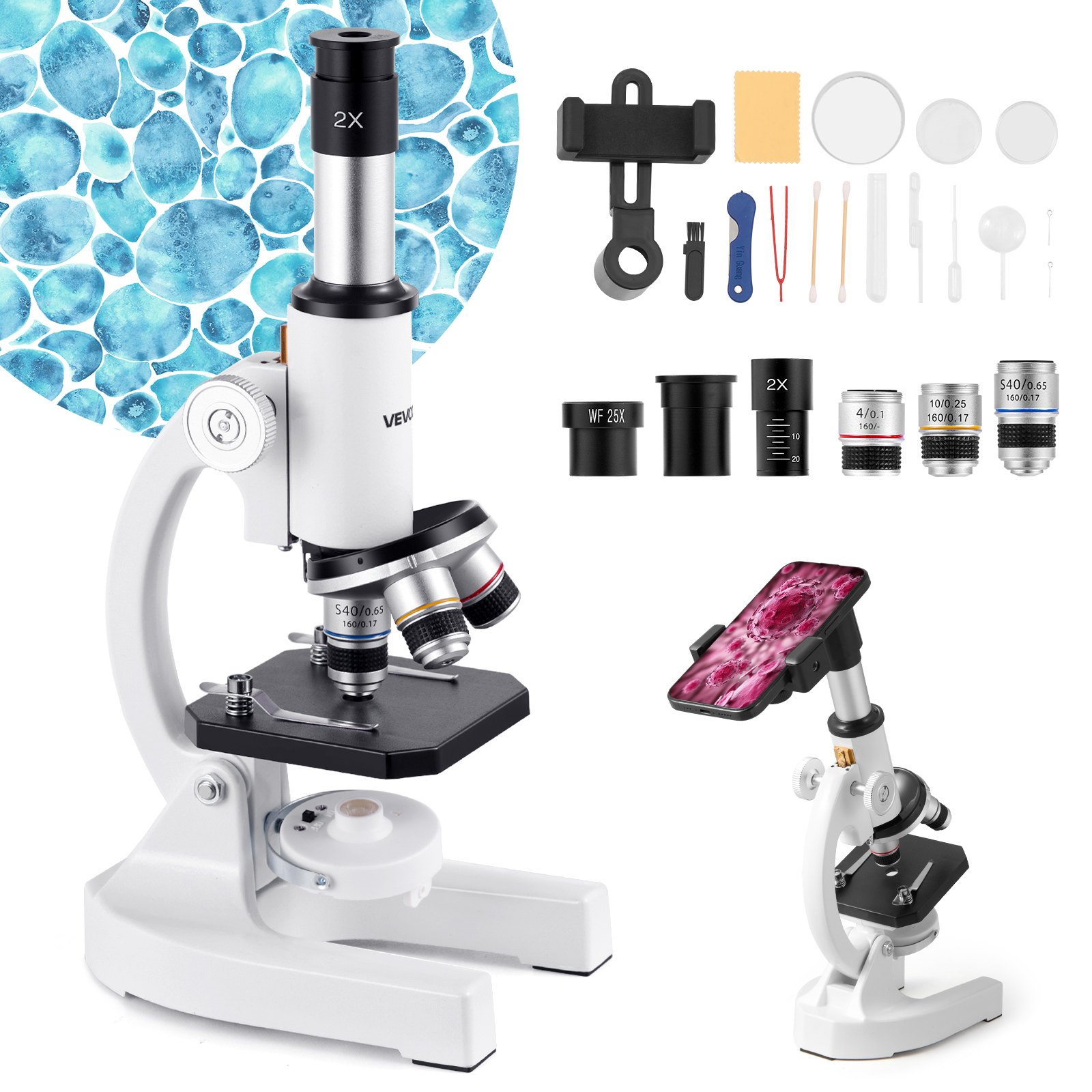 VEVOR Monoculaire microscoop voor volwassenen, professionele set samengestelde microscopen, 40x-2000 vergroting, behuizing van aluminiumlegering, inclusief ledlamp en telefoonhouder, voor laboratorium, school, thuis en onderwijs