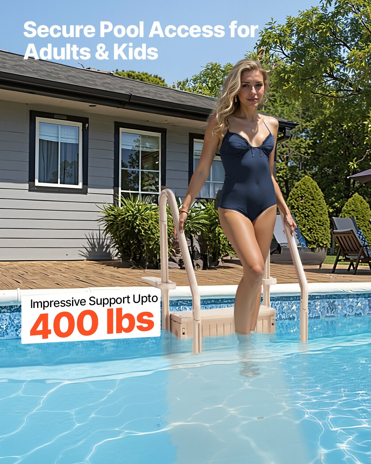 VEVOR Swimming Pool Ladder, 4-Step Double Handrails Stairs with Non-slip Heavy Duty Steps, Max Load Capacity 400 lbs, for 48-54 In Inground & Above-ground Pools of Any Decking Surface, Taupe