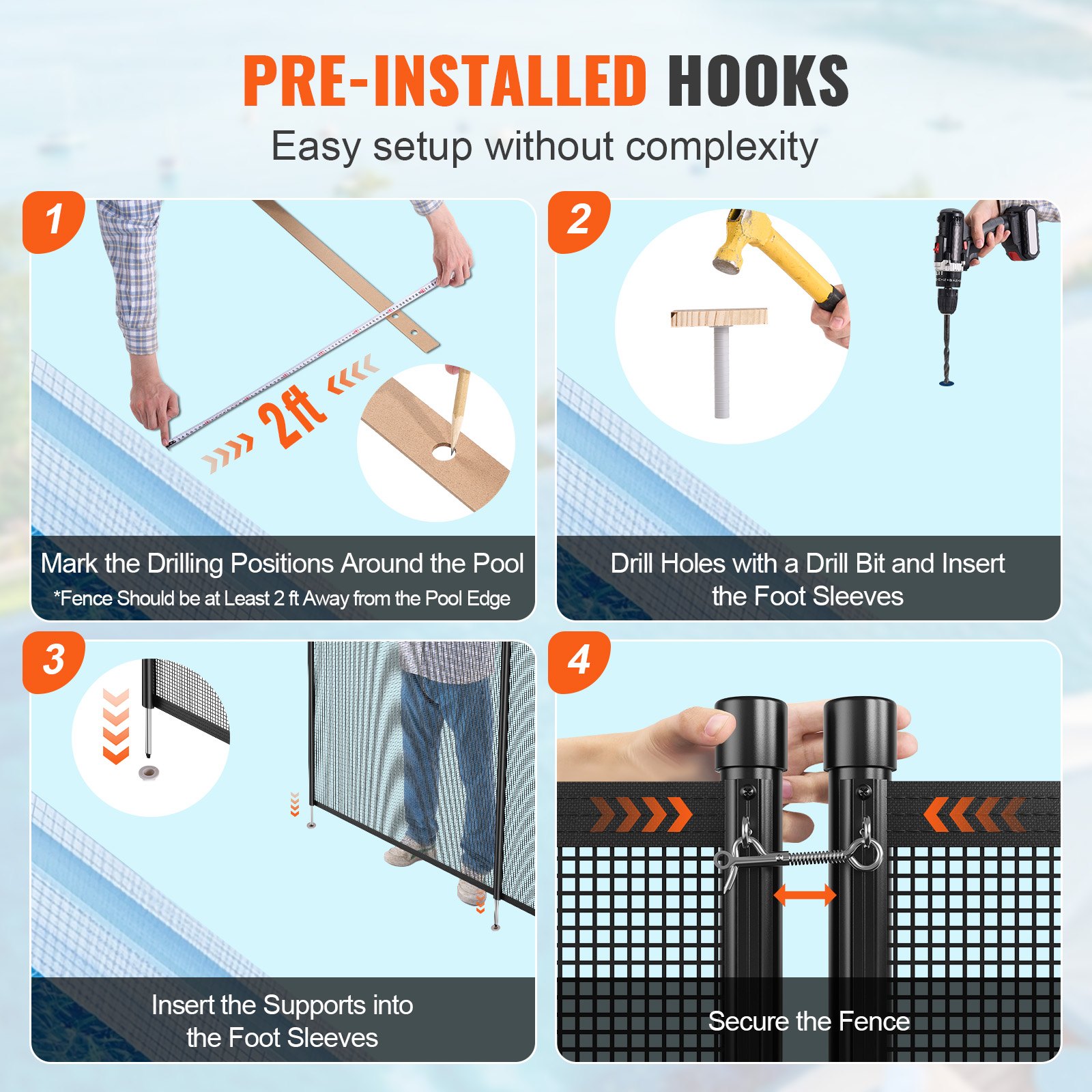 VEVOR Pool Fence, 4 x 12 FT Pool Fences for Inground Pools, Removable Child Safety Pool Fencing, Easy DIY Installation Swimming Pool Fence, 340gms Teslin PVC Pool Fence Mesh Protects Kids and Pets