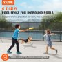 children and dog playing near an inground pool, protected by a VEVOR pool fence, mountain view behind.