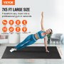 person exercising on a 7x5 ft VEVOR exercise mat, surrounded by icons for yoga, hiit, weightlifting, and more.