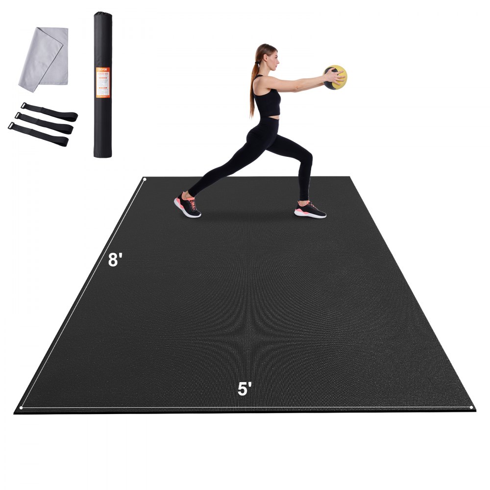 woman exercising on VEVOR exercise mat with accessories including straps, towel, and rolled mat in background.