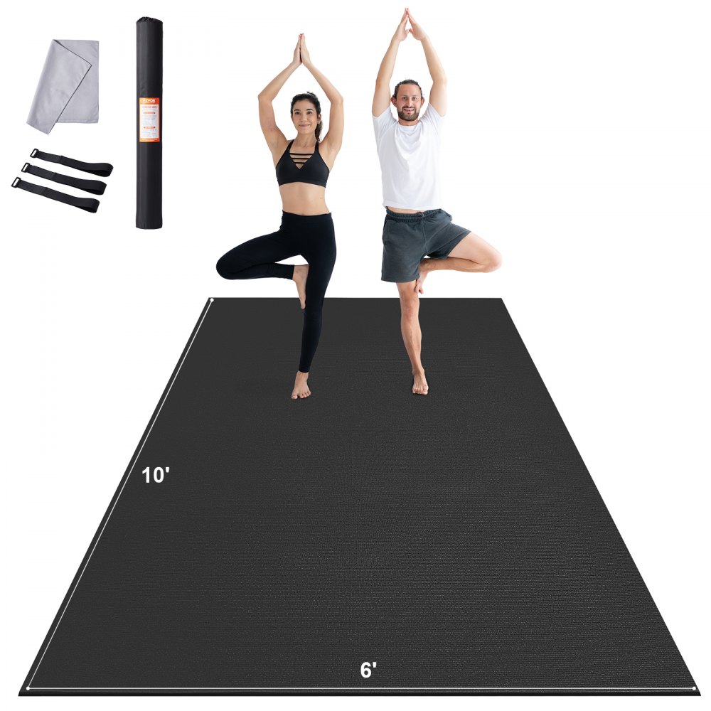 VEVOR exercise mat with two people in yoga poses, accessories including towel and two straps shown.